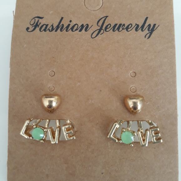 2- in-1 Heart Love Earrings Gold Green Lobe Cuff - Picture 9 of 9